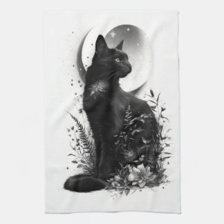 Zwarte Kat Zitgend Tussen Botanisch Loof Theedoek