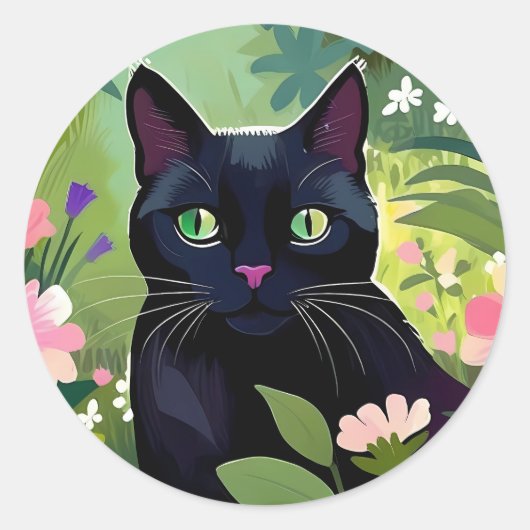Zwarte kat zittend in een veld van bloemen ronde sticker (Voorkant)