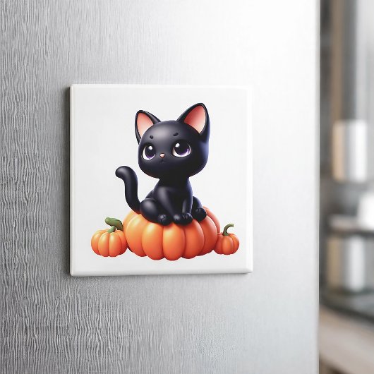 Zwarte kat zittend op een pompoen magneet