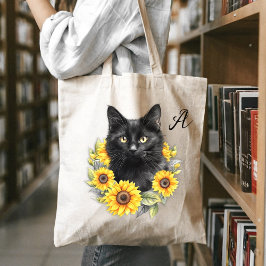 Zwarte kat Zonnebloem Krans Monogram Initiaal Tote Bag