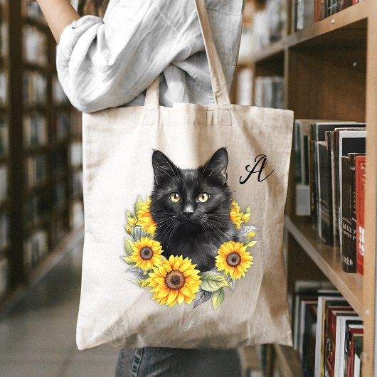 Zwarte kat Zonnebloem Krans Monogram Initiaal Tote Bag