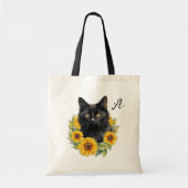 Zwarte kat Zonnebloem Krans Monogram Initiaal Tote Bag (Voorkant)
