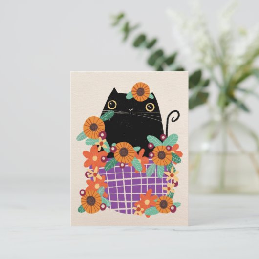 Zwarte kat & zonnebloemen briefkaart (Staand voorkant)