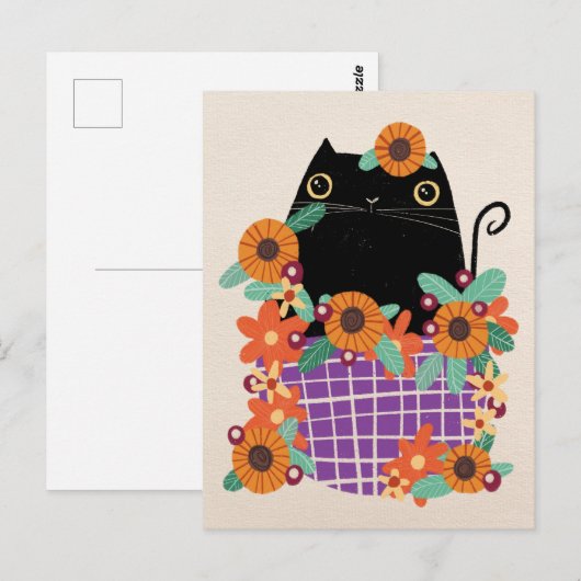 Zwarte kat & zonnebloemen briefkaart (Voorkant / Achterkant)