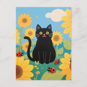 Zwarte Kat Zonnebloemen Lieveheersbeestjes Briefkaart