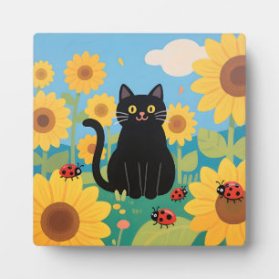 Zwarte Kat Zonnebloemen Lieveheersbeestjes Fotoplaat
