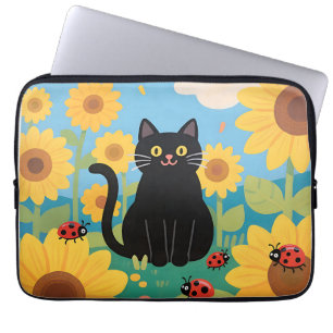 Zwarte Kat Zonnebloemen Lieveheersbeestjes Laptop Sleeve