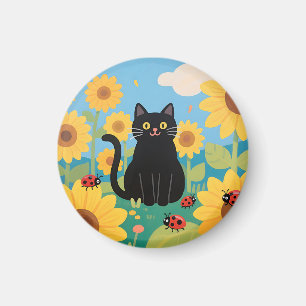 Zwarte Kat Zonnebloemen Lieveheersbeestjes Magneet