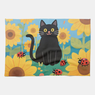 Zwarte Kat Zonnebloemen Lieveheersbeestjes Theedoek