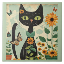 Zwarte kat, zonnebloemen, vlinders, inheemse kunst tegeltje