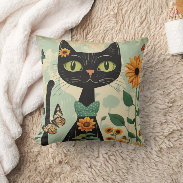 Zwarte kat, zonnebloemen, vlinders, native art kussen (Deken)