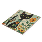 Zwarte kat, zonnebloemen, vlinders, native art tegeltje (Zijkant)