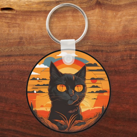  zwarte kat zonsondergang bij zonsondergang sleutelhanger (Voorkant)