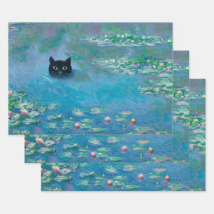 Zwarte kat zwemmen in water Lilies ontkoppelen art Inpakpapier Vel