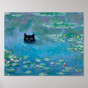 Zwarte kat zwemmen in water Lilies ontkoppelen art Poster