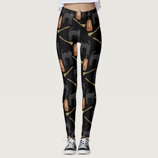 Zwarte katten, bezems en pompoenen | Halloween Leggings (Voorkant)