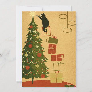 Zwarte Katten decoreren Kerstboom in Retro Stijl Feestdagenkaart