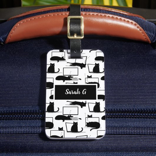 Zwarte katten die op het laptoppatroon zitten bagagelabel (Voorkant Insitu 2)