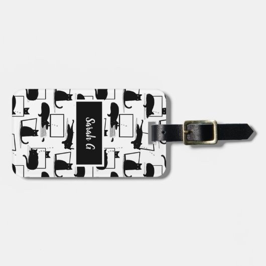 Zwarte katten die op het laptoppatroon zitten bagagelabel (Voorkant horizontaal)