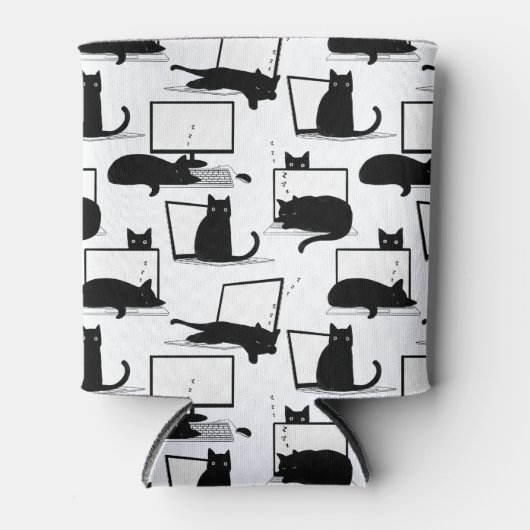 Zwarte katten die op het laptoppatroon zitten blikjeskoeler (Voorkant)
