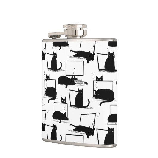 Zwarte katten die op het laptoppatroon zitten heupfles (Links)