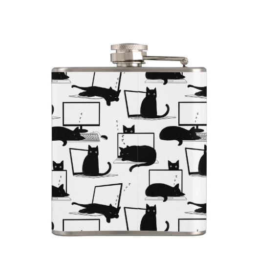 Zwarte katten die op het laptoppatroon zitten heupfles (Achterkant)