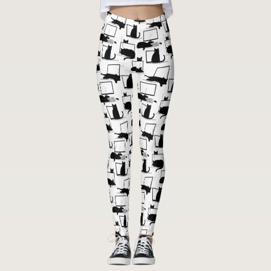 Zwarte katten die op het laptoppatroon zitten leggings (Voorkant)