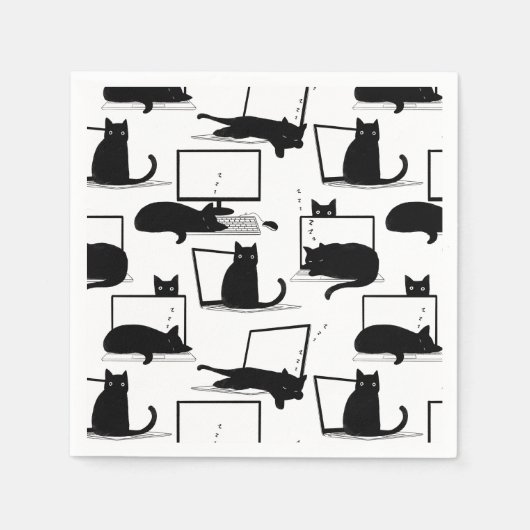 Zwarte katten die op het laptoppatroon zitten servet (Voorkant)