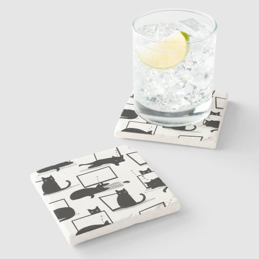 Zwarte katten die op het laptoppatroon zitten stenen onderzetter (Zijkant)