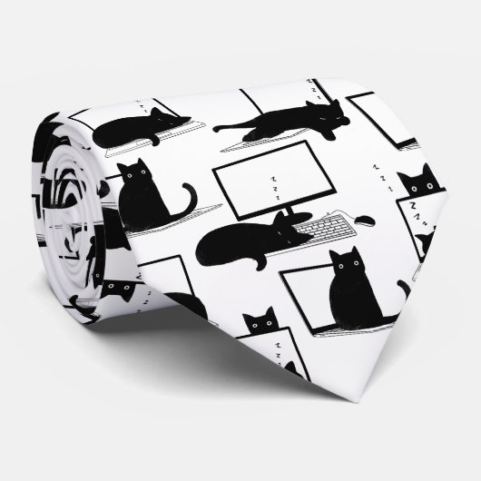 Zwarte katten die op het laptoppatroon zitten stropdas (Opgerold)