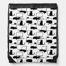 Zwarte katten die op het laptoppatroon zitten trekkoord rugzakje