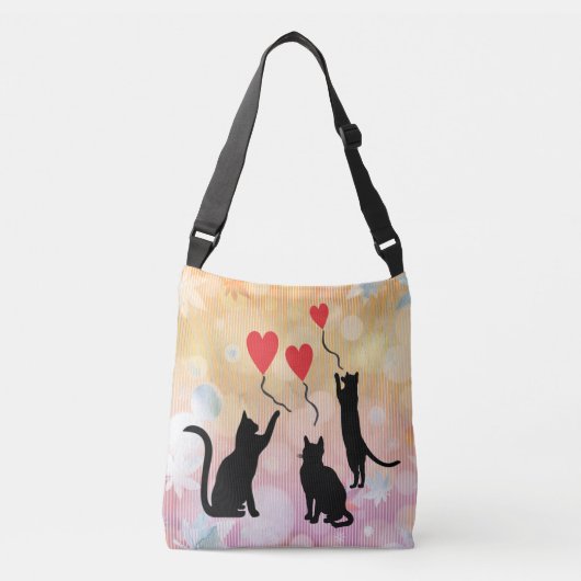 Zwarte katten en ballonnen crossbody tas (Voorkant)