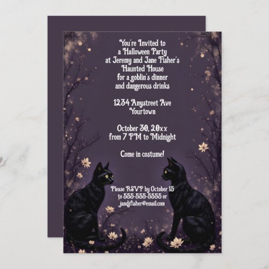 Zwarte katten en bloemen Halloween Party Kaart (Voorkant / Achterkant)