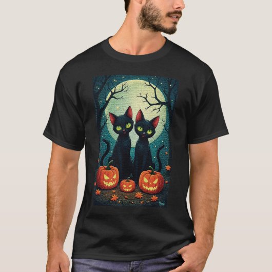 Zwarte katten en Jack-O'-Lanterns onder de volle m T-shirt (Voorkant)