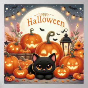Zwarte katten en Jack-O-Lanterns Poster
