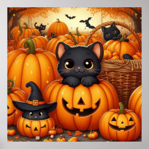 Zwarte katten en Jack-O-Lanterns Poster