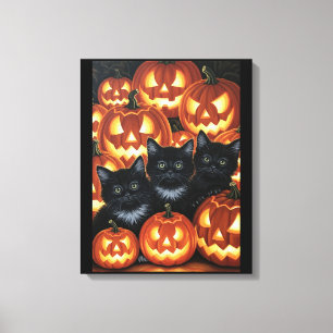 Zwarte katten en Jack O'Lanterns Canvas Afdruk
