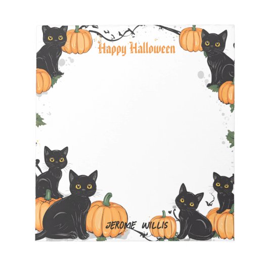 Zwarte katten en pompoen Happy Halloween Notitieblok (Voorkant)