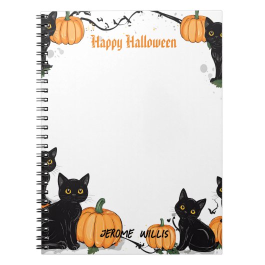 Zwarte katten en pompoen Happy Halloween Notitieboek (Voorkant)