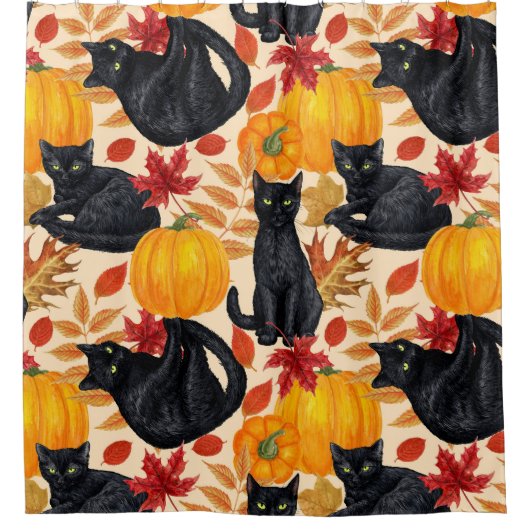 Zwarte katten en pompoenen douchegordijn (Voorkant)