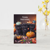 Zwarte katten en pompoenen Halloween-nacht scène Kaart (Gele Bloem)