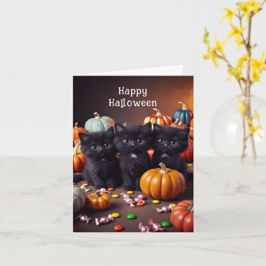 Zwarte katten en pompoenen Halloween-nacht scène Kaart (Gele Bloem)
