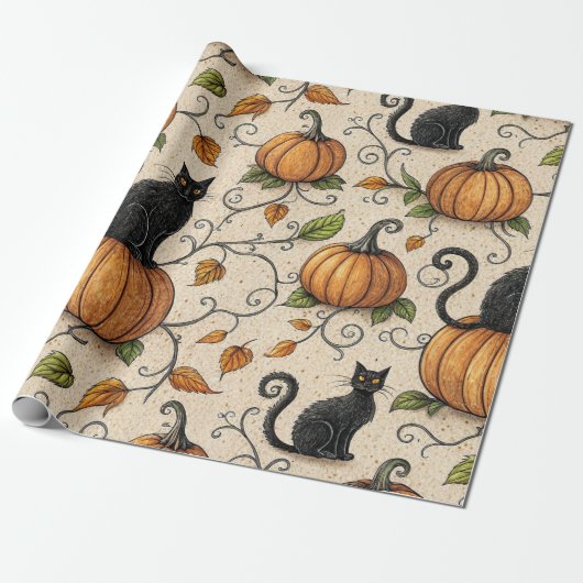Zwarte katten en pompoenen Halloween patroon Cadeaupapier (Uitgerold)