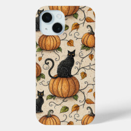 Zwarte katten en pompoenen Halloween patroon iPhone 15 Case