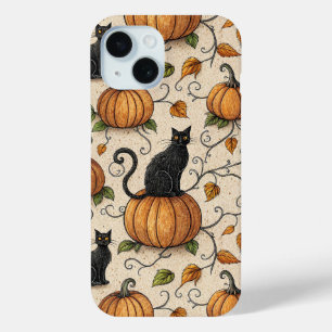 Zwarte katten en pompoenen Halloween-patroon iPhone 15 Case
