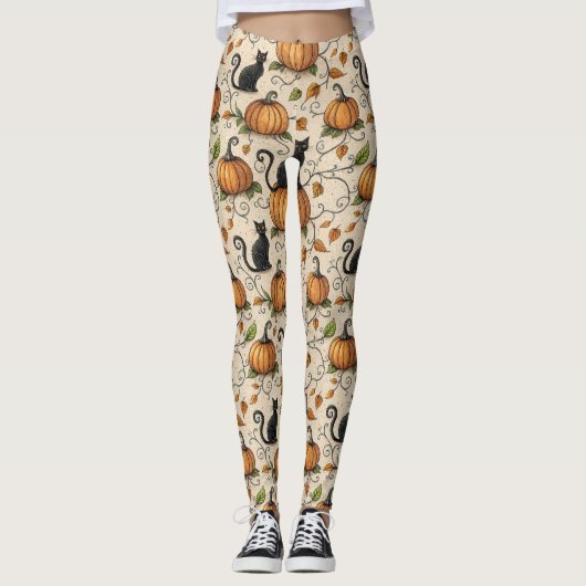 Zwarte katten en pompoenen Halloween patroon Leggings (Voorkant)