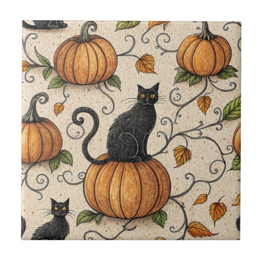 Zwarte katten en pompoenen Halloween patroon Tegeltje (Voorkant)