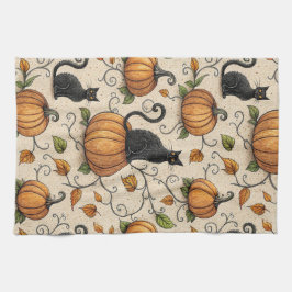 Zwarte katten en pompoenen Halloween patroon Theedoek