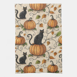 Zwarte katten en pompoenen Halloween patroon Theedoek