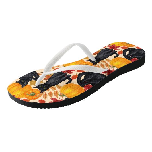 Zwarte katten en pompoenen teenslippers (Schuin)